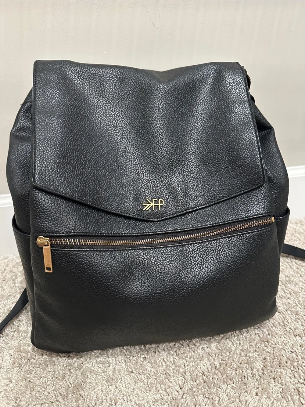Black Freshly Picked Pebbled Leather Backpack with Gold Logo
